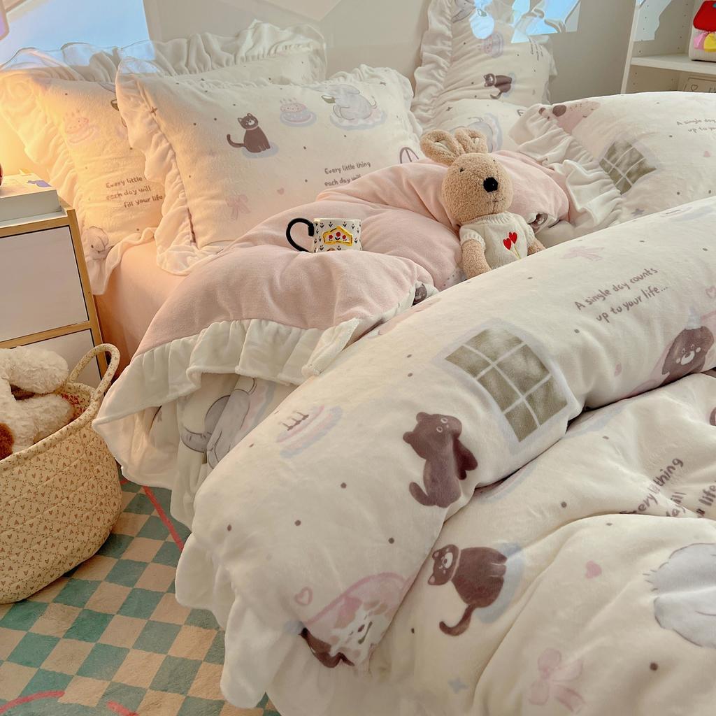 Thickened Milk Fleece Bed Four-Piece Set, Cute Lace Coral Fleece Quilt Cover, Fleece Bed Sheet Three-Piece Set