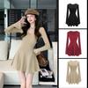 Women's V Neck Flare Long Sleeve Mini Dress Slim High Waist Ribbed Knit A Line Short Dress Fall Winter Inner Layering Dress