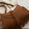 Fashion Korean Tassel Shoulder Bag Bohemian Style Rivet Suede Crossbody Bag Vintage Large Capacity Ethnic Style Handbag Travel