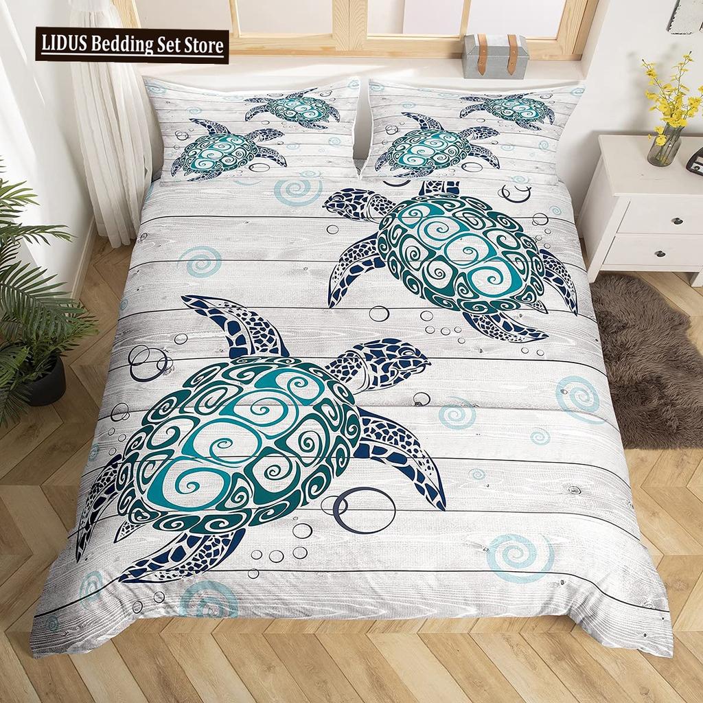 Sea Turtle Duvet Cover Set King Size Watercolor Tortoise Butterfly Comforter Cover For Boys Girly Dreaming Style Bedding Set