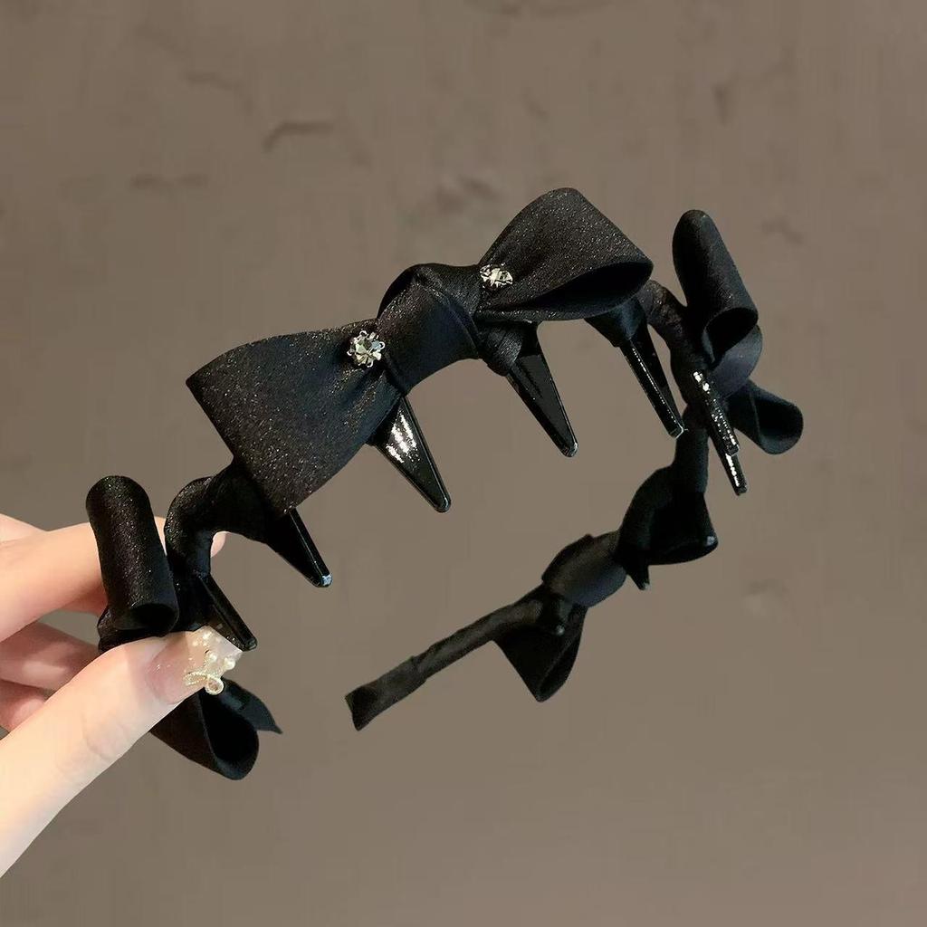 Retro Black Rhinestone Bow Non-Slip Wave Headband with Teeth