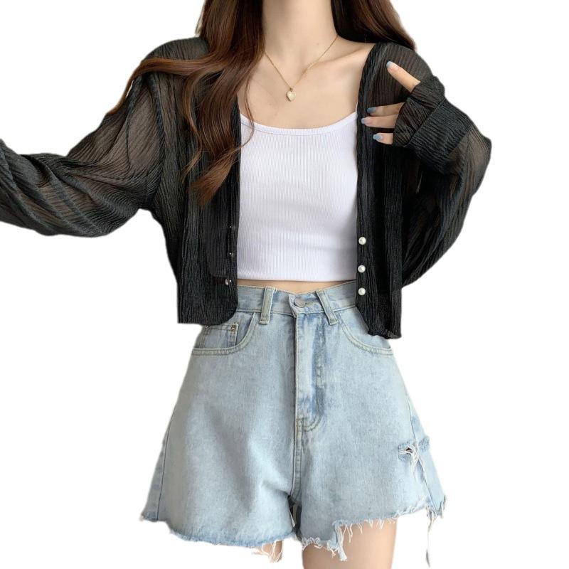 Sonnenschutz langärmlig gestrickter Pullover Damen Studentin neu Schal Sommer mit Rock Cardigan Trägerjacke Trend