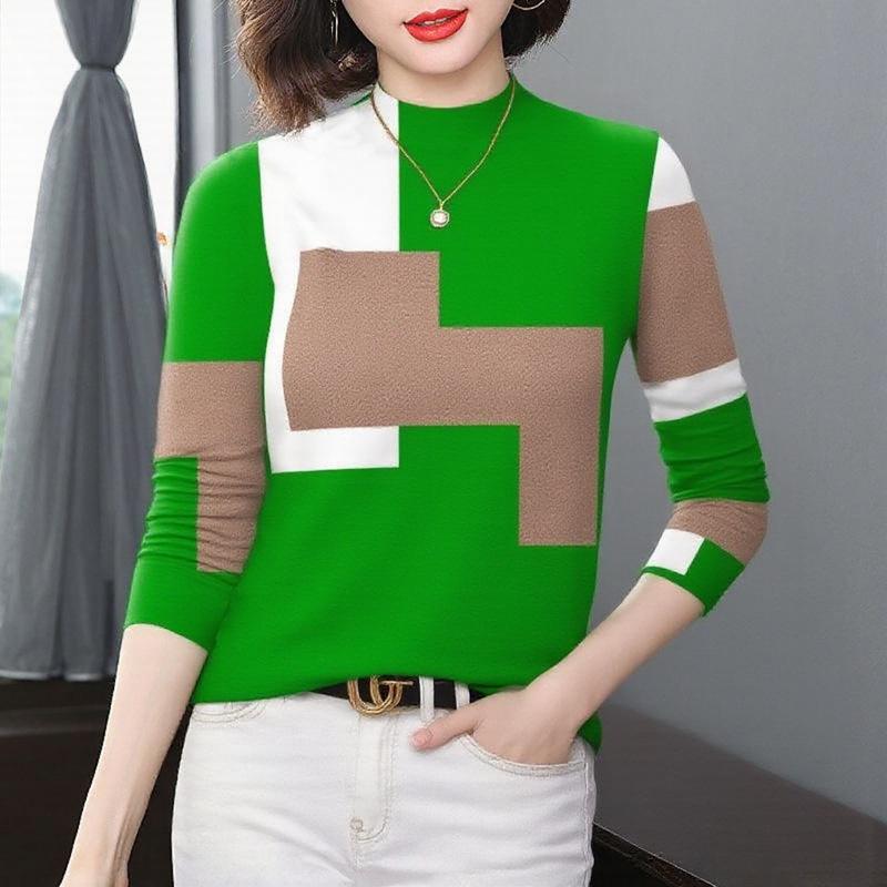 2025 Women's Elegant Color Block Long Sleeve Top, Half-High Collar, Age-Reducing, Plus Velvet, Thickened, Warm Base Layer for Mothers