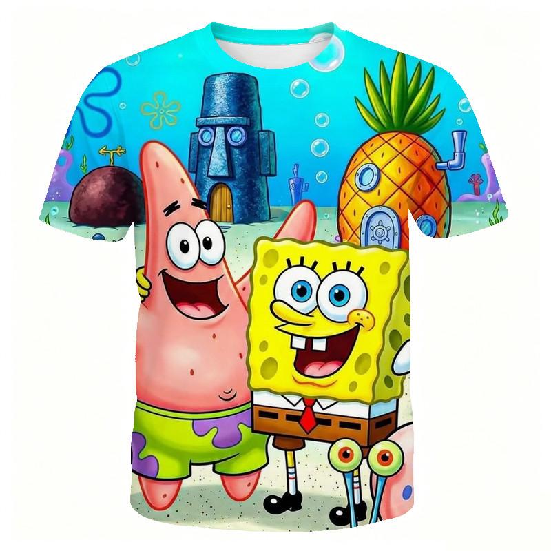 SpongeBob SpongeBob SpongeBob Cartoon Children Short-Sleeved T-Shirt 3-13 Years Old Boys Girls Pie Big Star Crab Boss Sandy Breathable Half-Sleeved Mi