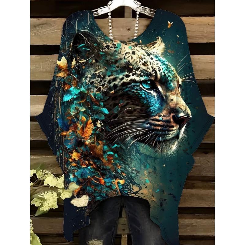 Camiseta de Mujer Moda Leopardo Impresión 3D Tops Verano Sexy Cuello Redondo Manga Corta Camiseta Calle Casual Holgada Ropa de Mujer
