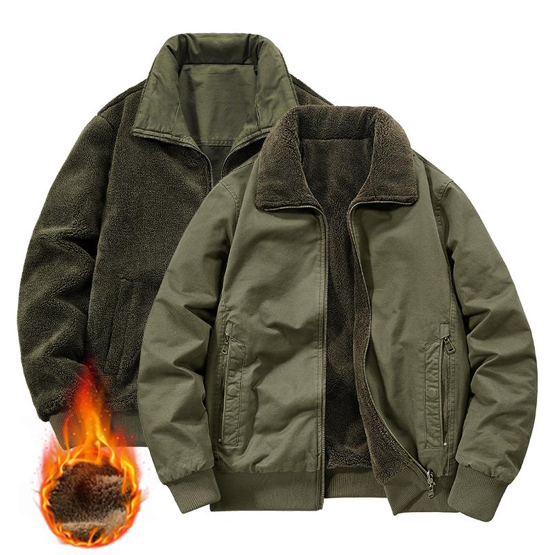 Zimowa dwustronna męska kurtka robocza z wełną jagnięcą i pogrubioną czystą bawełną, z kołnierzem stójką, casualowa, ciepła kurtka