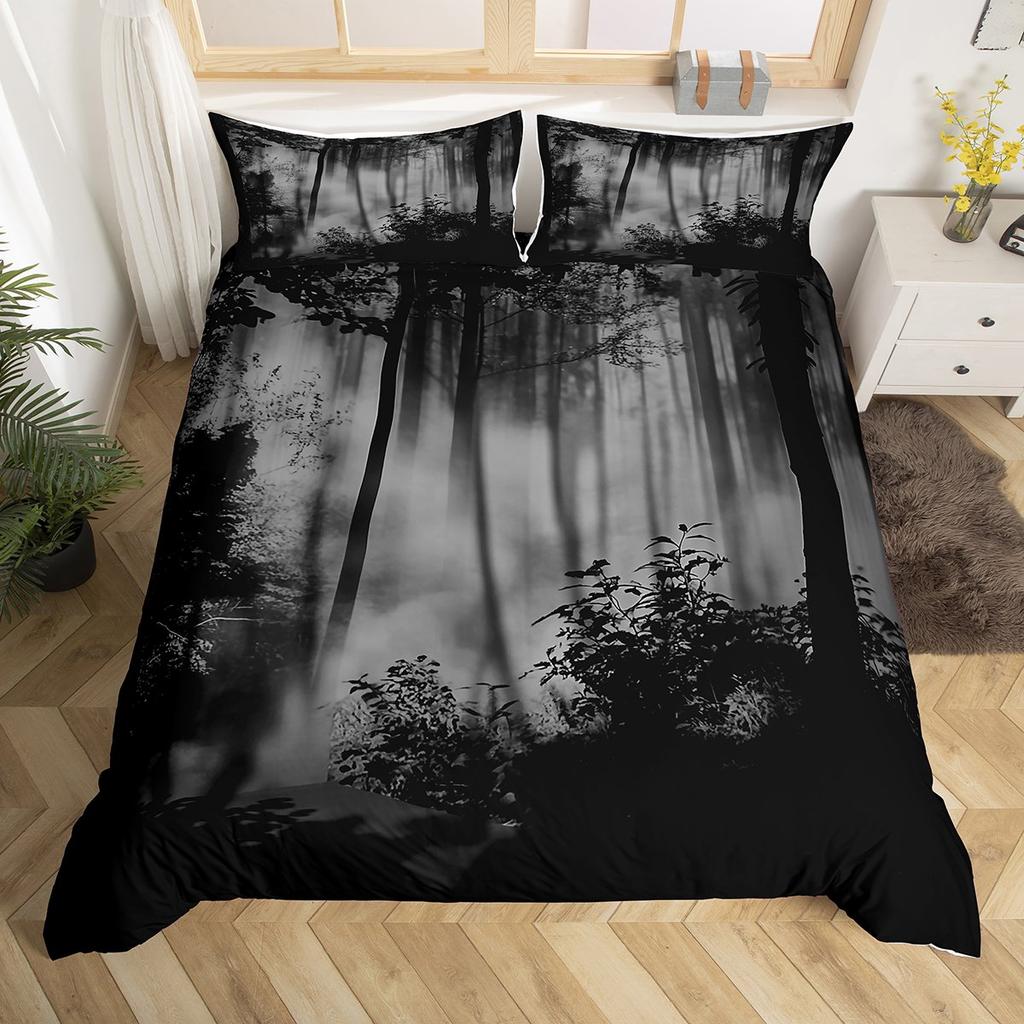 Homewish Black Blue Pine Tree Duvet Cover Set,Jungle Plant Botanical Bedding Set,Nature Scenery Print Bed Set