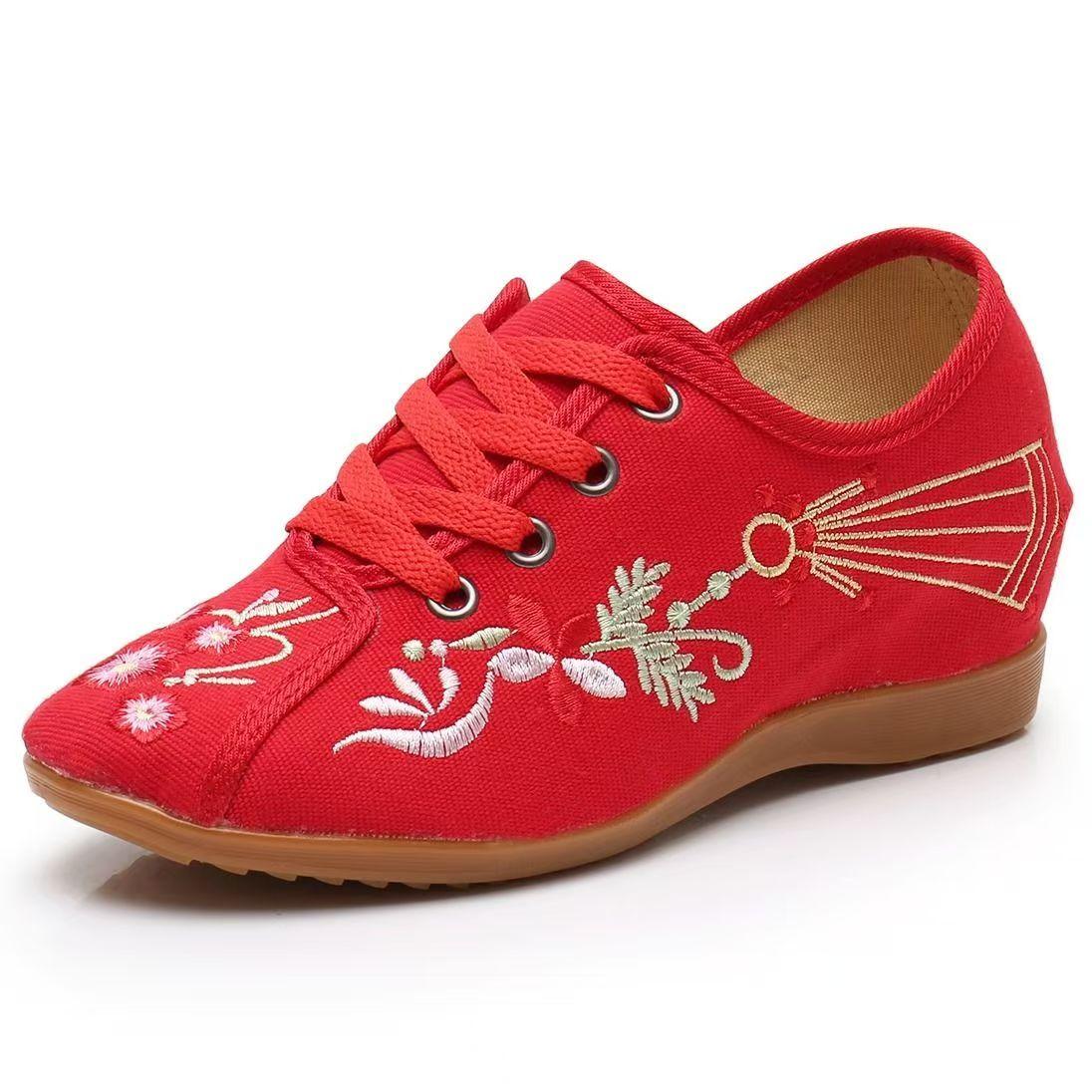

Woman Spring Autumn Embroidered Canvas Shoes Increased Internal Rubber Sole Non Slip Round Toe Lace Up Light Casual Cloth Shoes 35 червоний