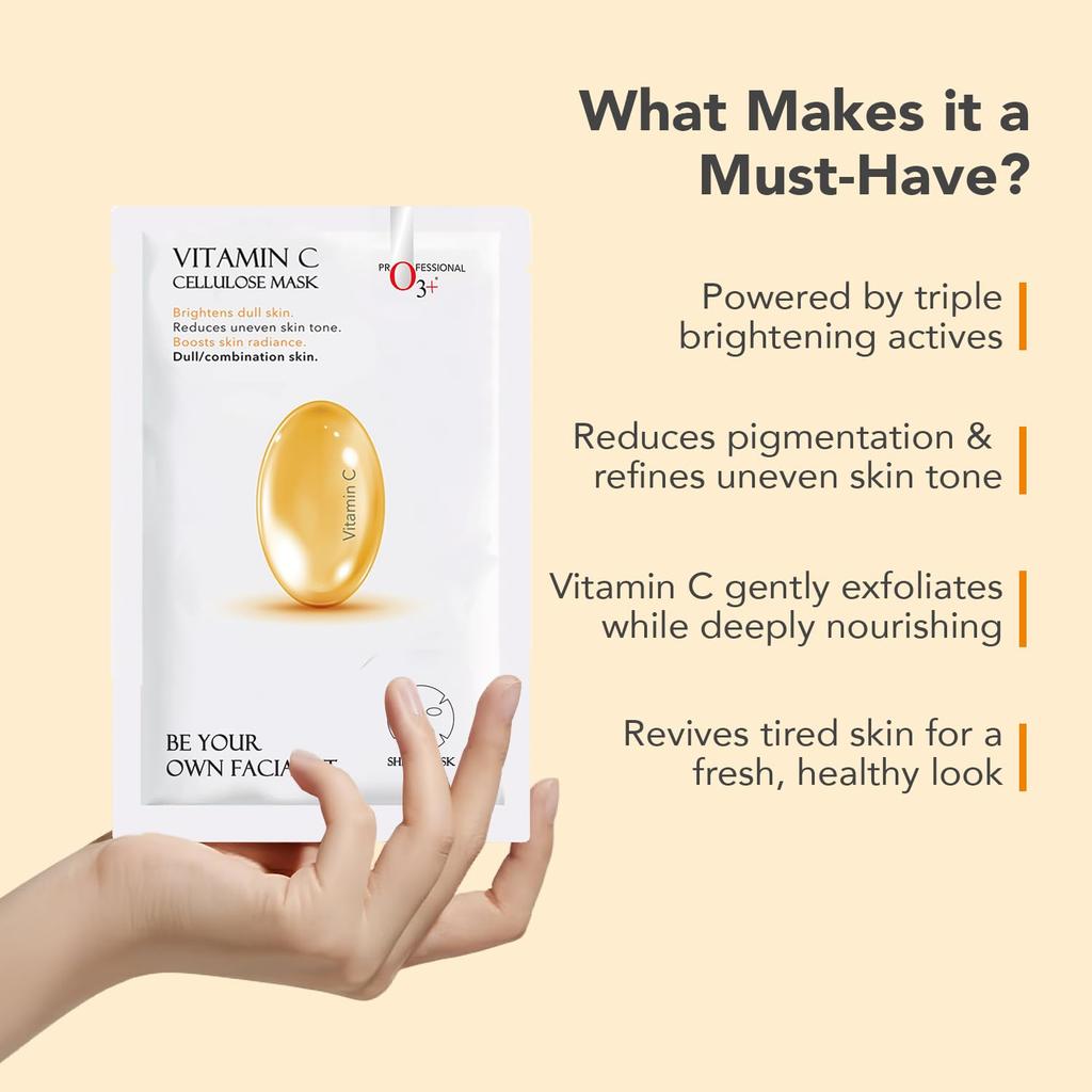O3+ Facialist Vitamin C Cellulose Sheet Mask 30g Pack of 1 for Pigmentation & Even Skin Tone