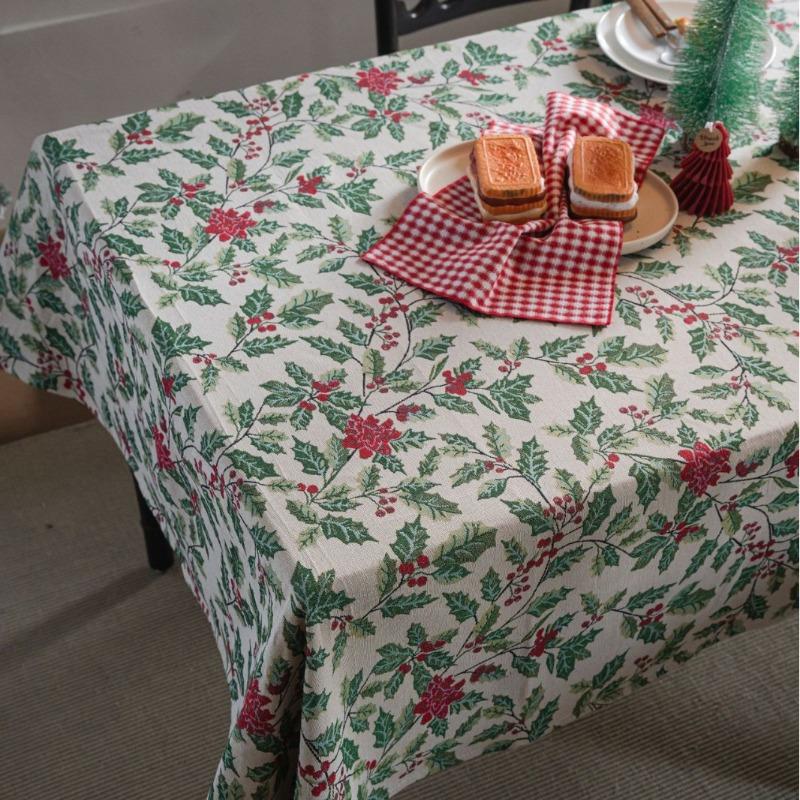 1PC Tablecloth Jacquard Christmas Contrast Holly Table Cloth Holiday Versatile Rectangle Home Decoration Home Textiles
