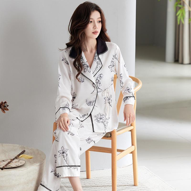 1011 Spring and Autumn New Ice Silk Pajamas Women's Thin National Style Printing Long Sleeve Advanced Simulation Silk Homewear Set