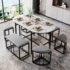 Dining Group: Modern Oval Dining Table Marble Pattern, 6 Velvet Bar Stools, Steel Frame, Space-saving, White & Black