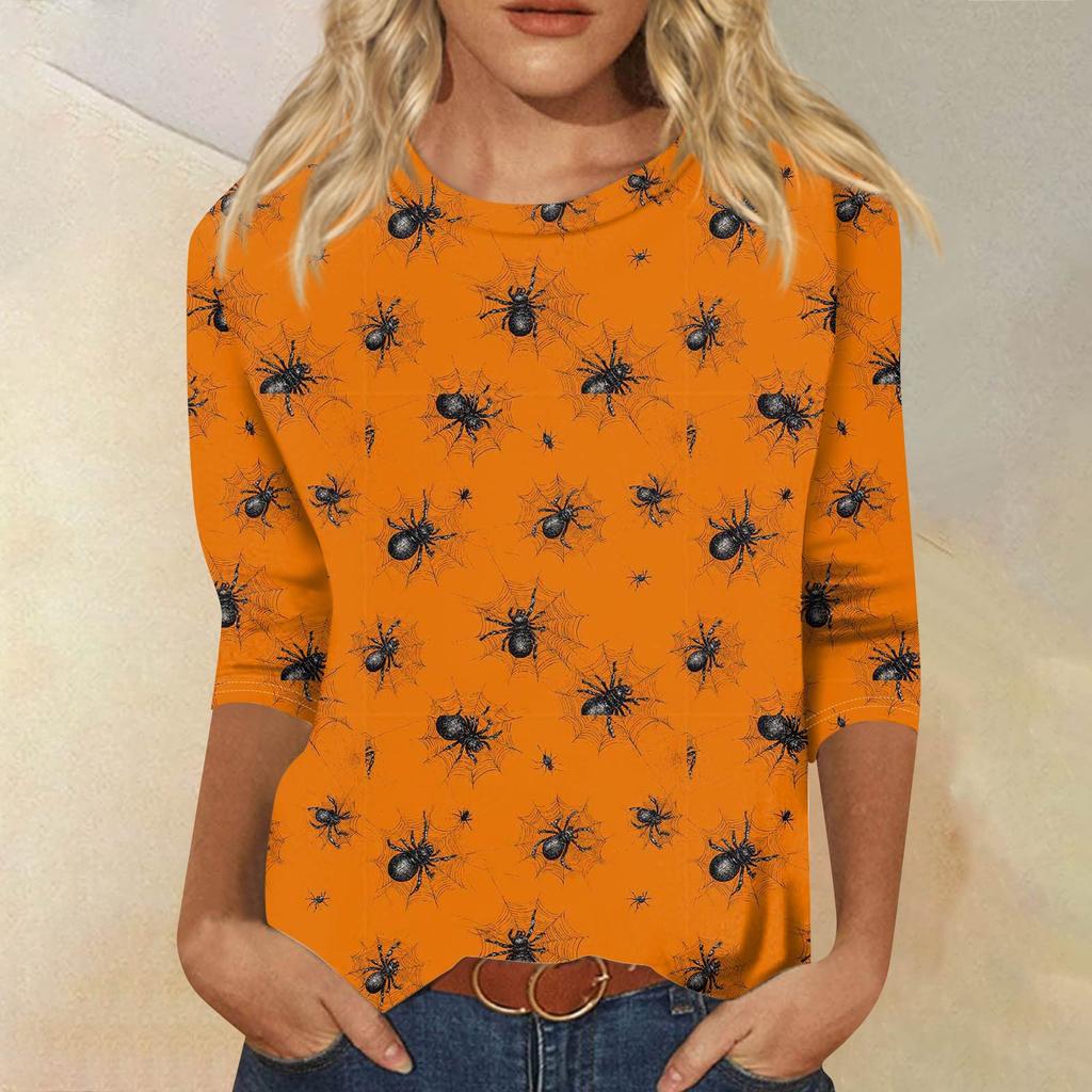 Dámské módní ležérní tričko s tříčtvrtečním rukávem a halloweenským potiskem, s kulatým výstřihem