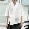 Men Half Sleeve Front Cross Knot Patchwork Lace Hollow Casual Shirts