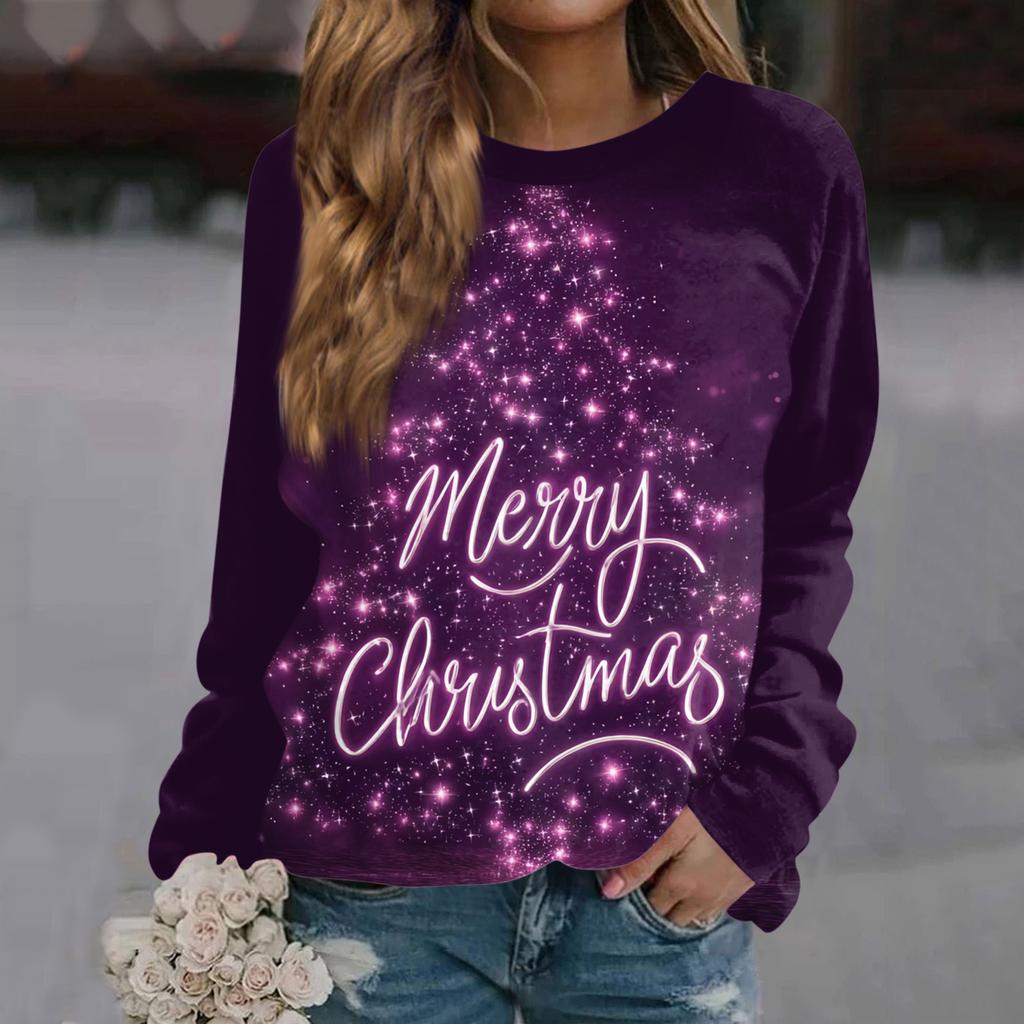 Women's Fashion Casual Long Sleeve Christmas Printed  Neck Sweatshirt Top
