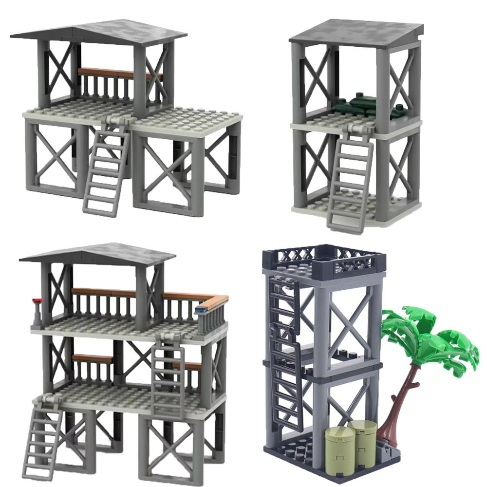 Army WWII MOC Sentry Post War Scene Sandbag DIY DIY Assembly Building Block Soldier Watchtower Toys Playsets