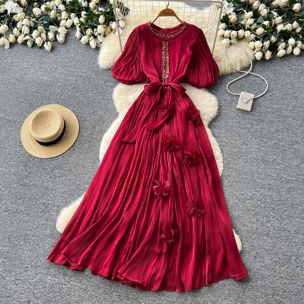 French Heavy Industry Diamond-encrusted Red Pleated Dress for Women's Summer Waist and Thin Temperament Thousand Gold Style Long Dress