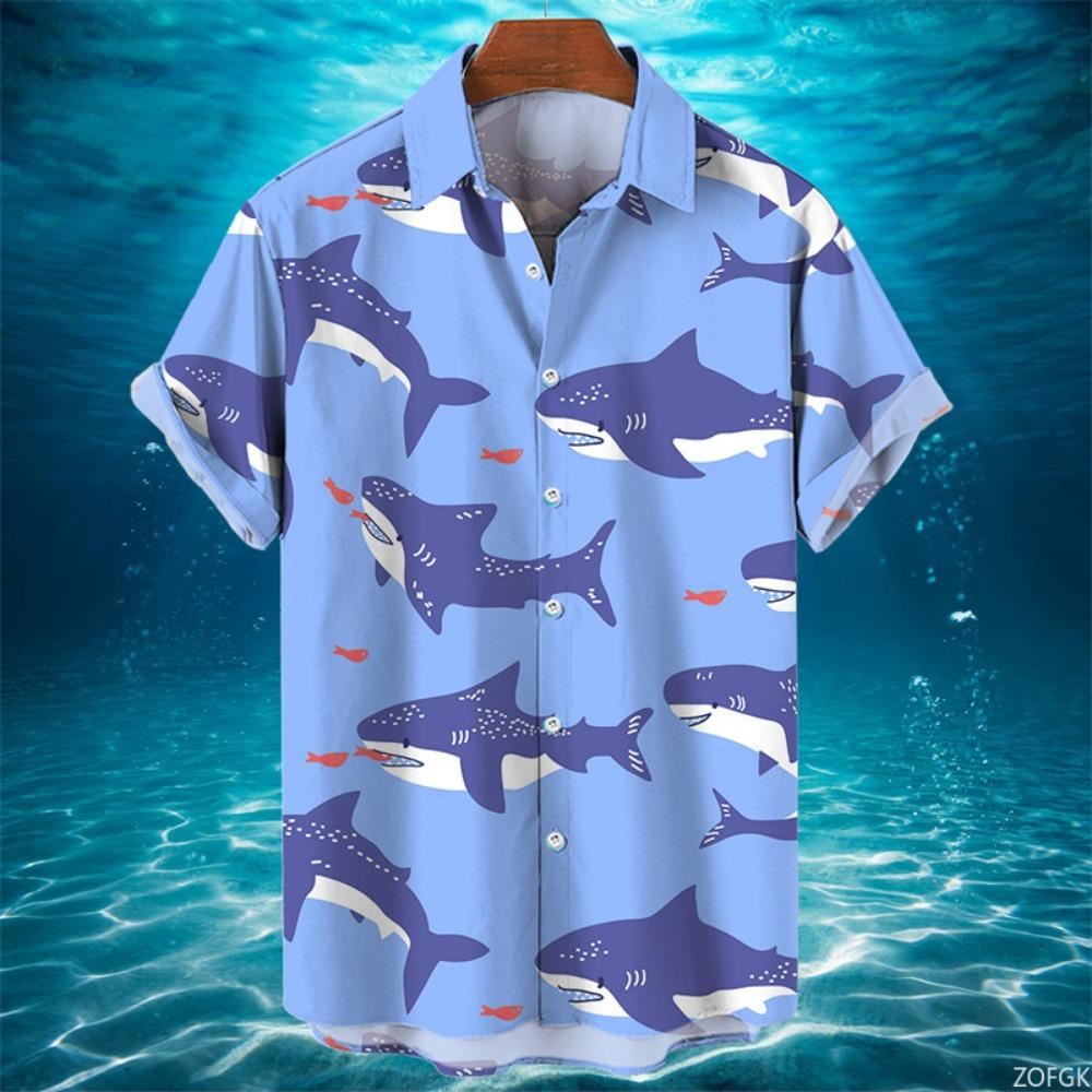 3D Animal Shark Print Hawaiian Shirt Men s Summer Casual Shirt Fashion Short Sleeved Sea World Loose Street Blouse Clothes S