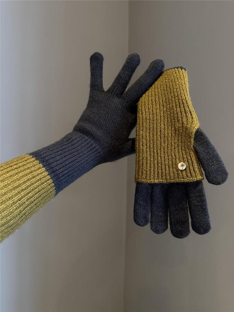 Melaleuca Women's Dual-Use Touchscreen Wool Gloves, Winter Color Block, Fingerless and Full Finger, Ideal for Riding and Students