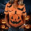 Women's Casual Short Sleeve V Neck Pullover Top Halloween Pumpkin Print Lightweight Comfortable Fit