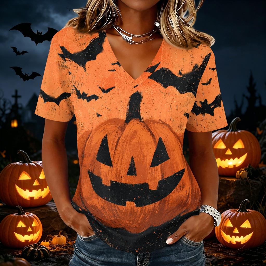Women's Casual Short Sleeve V Neck Pullover Top Halloween Pumpkin Print Lightweight Comfortable Fit