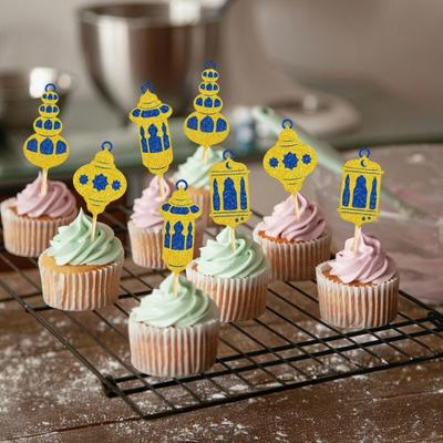 12-teiliges Eid Kuchen topper Set mit Laternen-Steckern Halbmond-Dekorationen für Desserts Einfach einzustecken Glitzer Gold Kuchenstecker Partyzubehör