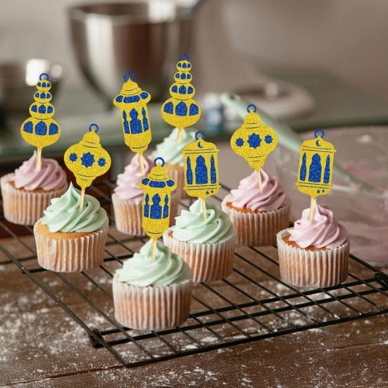 12 ks Sada topperů na dort Eid s lucernovými párátky Dekorace s půlměsícem pro dezerty Snadné vložení Třpytivé zlaté párátka na dort Potřeby pro párty