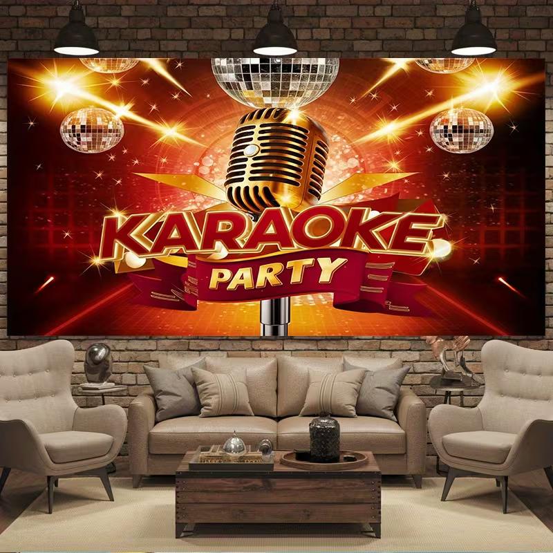 

Red Gold Karaoke Party Backdrop with Microphone and Disco Balls 47.2x31.5inch/120*80cm