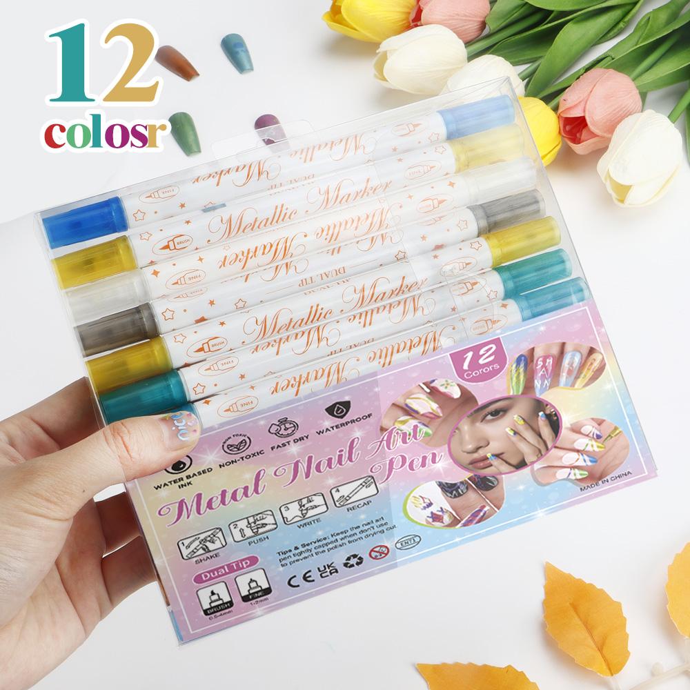 Dual Tip Nail Art Pen 12 Colors 0.5mm Fine Tip Polish Markers for Drawing - Quick Dry Waterproof DIY Nail Art Kit for Beginners