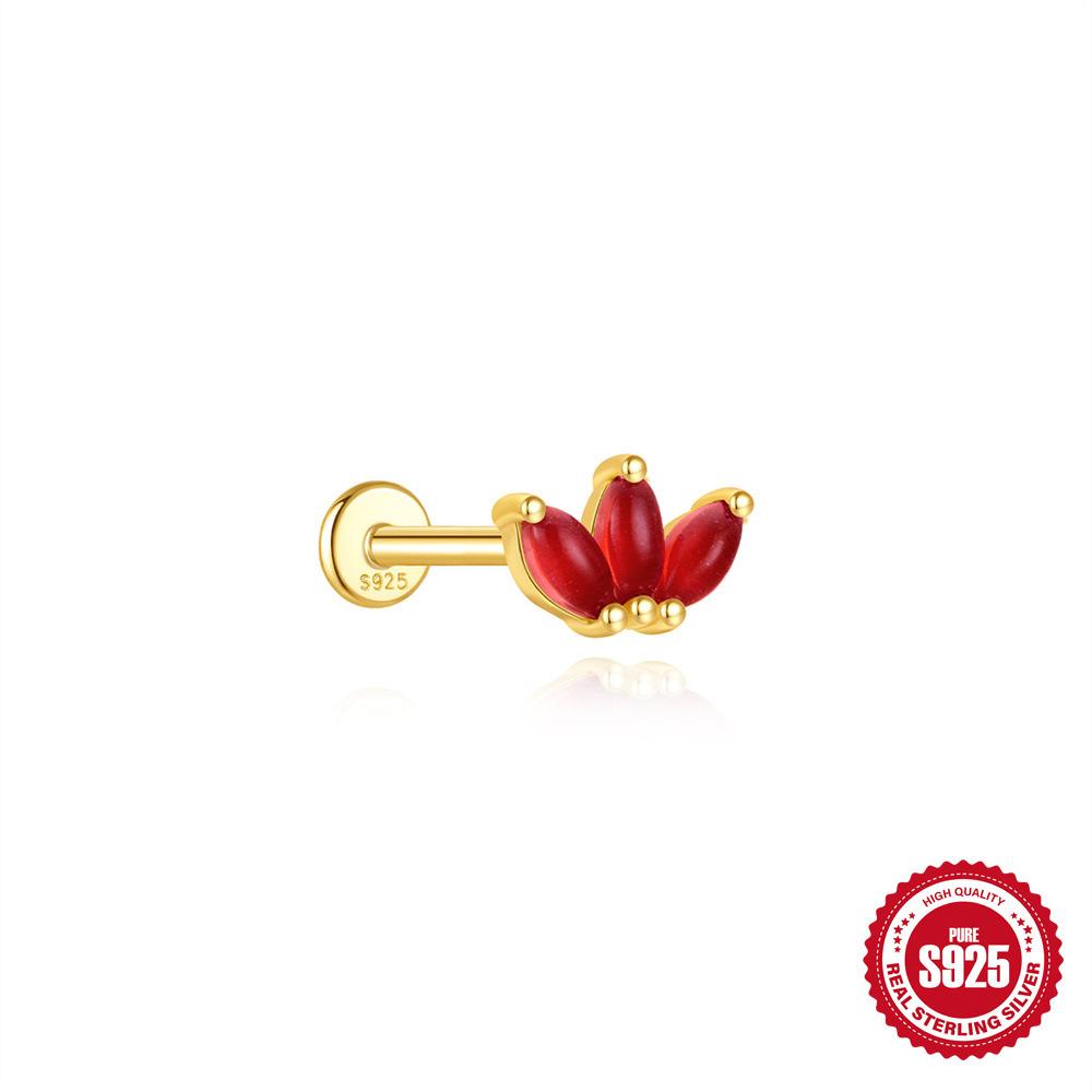 S925 Sterling Silver Green Fresh Retro Red Color Flat Head Stud Earrings Round Personality Versatile Earbone Stud Puncture