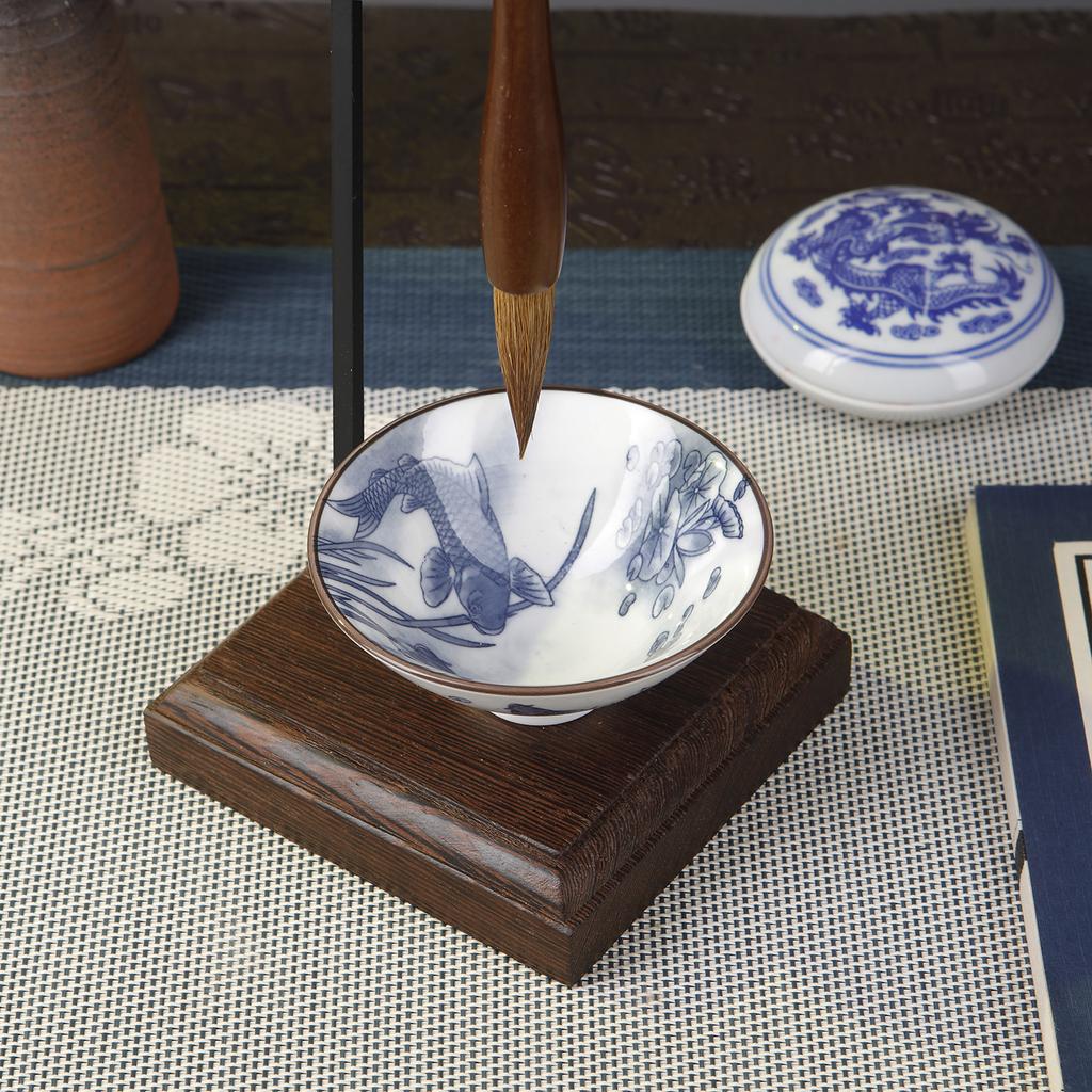 Chinese Tranquility Brush Pen Holder with Wooden Base Calligraphy Rest Ink Hanger Metal Writing Brush Holder School Stationery