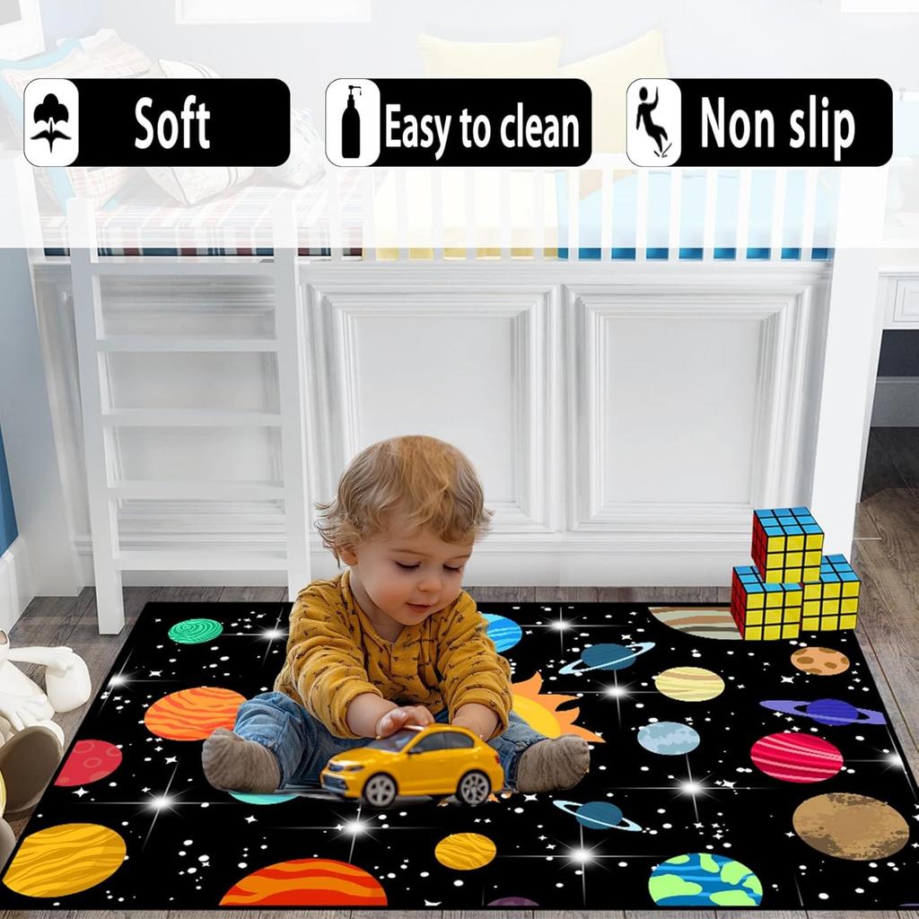 Cartoon Solar System Rug for Kids Bedroom, Space Galaxy Planet Carpet, Educational Outer Space Theme Play Mat for Boys Girls