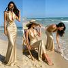 Robe Style Rétro Femme Sexy Dos Nu Maxi Robe Décolleté Plongeant Sans Manches Polyvalente Dos Nu Satinée Longue Formelle Soirée Robe Sirène Décontractée