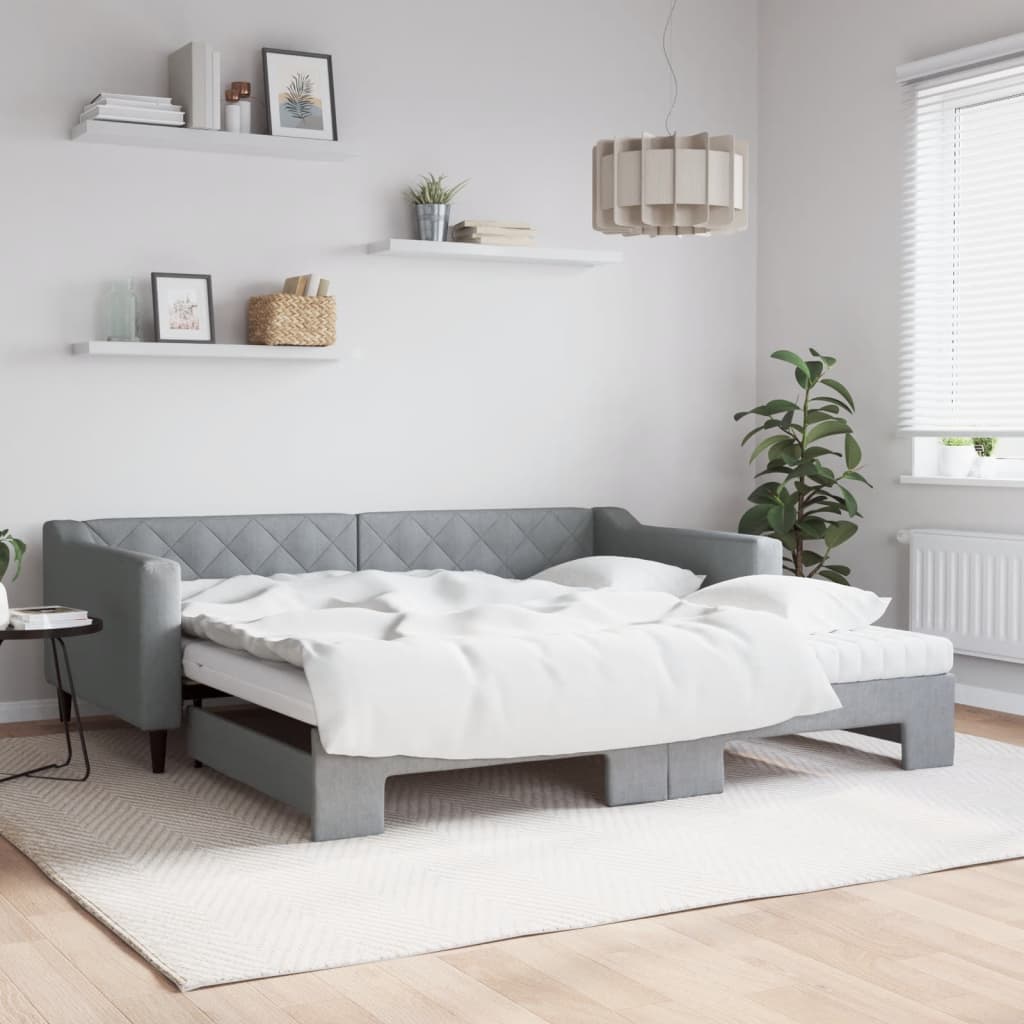 Pull Out Daybed with Mattress Light Grey 100 X 200 Cm Fabric