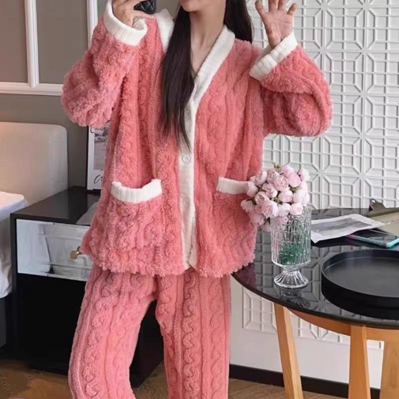 2Pcs/Set Women Autumn and Winter NewLong-Sleeved Cute Sweet Flannel Pajamas Young Girls Solid Thickened Loose HomeWear Clothes