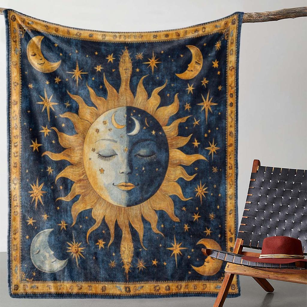 Coperta di Flanella Lusso Sole Luna Stelle - Plaid Peluche Ultra Morbido, Stile Vintage per Divano/Letto/Viaggio, Caldo Regalo per Tutte le Stagioni in Misto