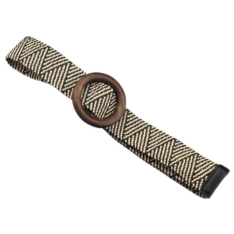 Lady Bohemian Elastic Braided Belt  Female Dress Jeans Wide Black PP Straw Designer Wood Buckle Boho Belts