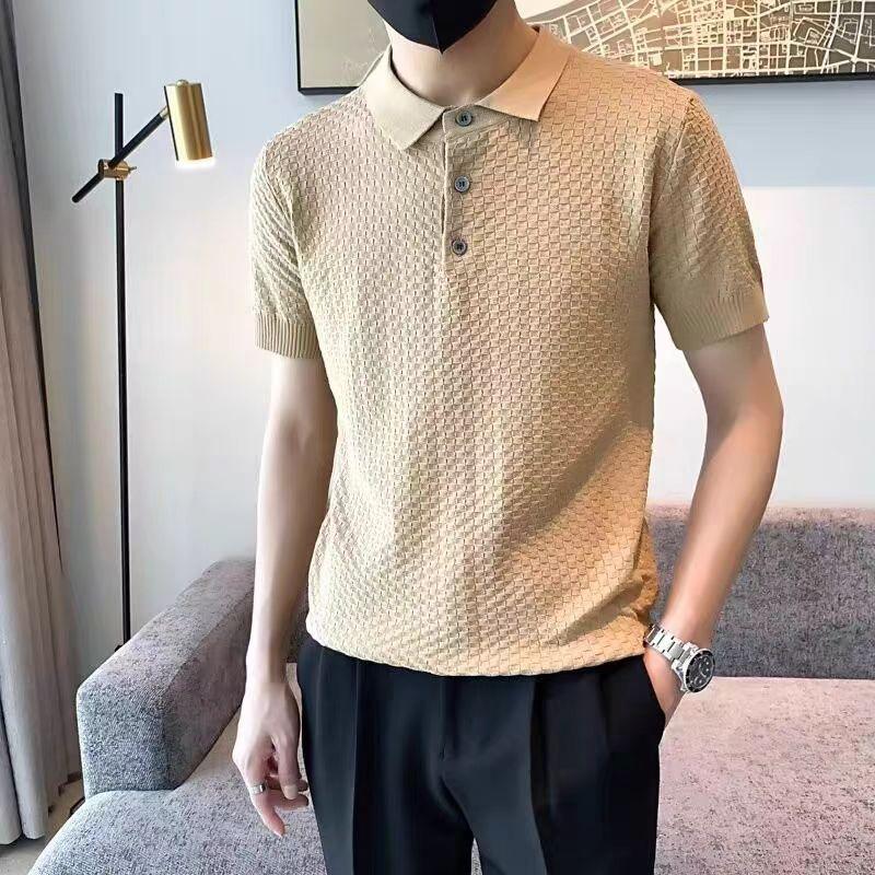 Pineapple Pattern High-Density Stretch Knit Summer Men's Solid Color Plaid Polo Short Sleeve T-Shirt