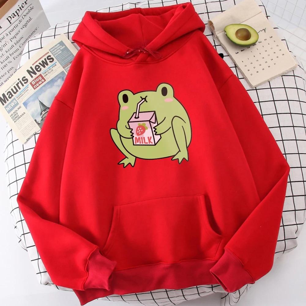 Süßer Erdbeermilchfrosch-Print Damen Sweatshirt mit Kapuze Lässig Kapuzenpullover Herbst Fleece Weich Lässig Streetwear Kleidung 3XL red