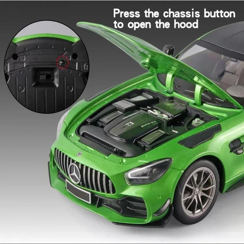 Velký 1:18 Mercedes-Benz AMG GTR model auta Kovové tlakově lité vozidlo Sběratelské hobby zvuková a světelná stahovací miniaturní hračka pro chlapce, děti dárek