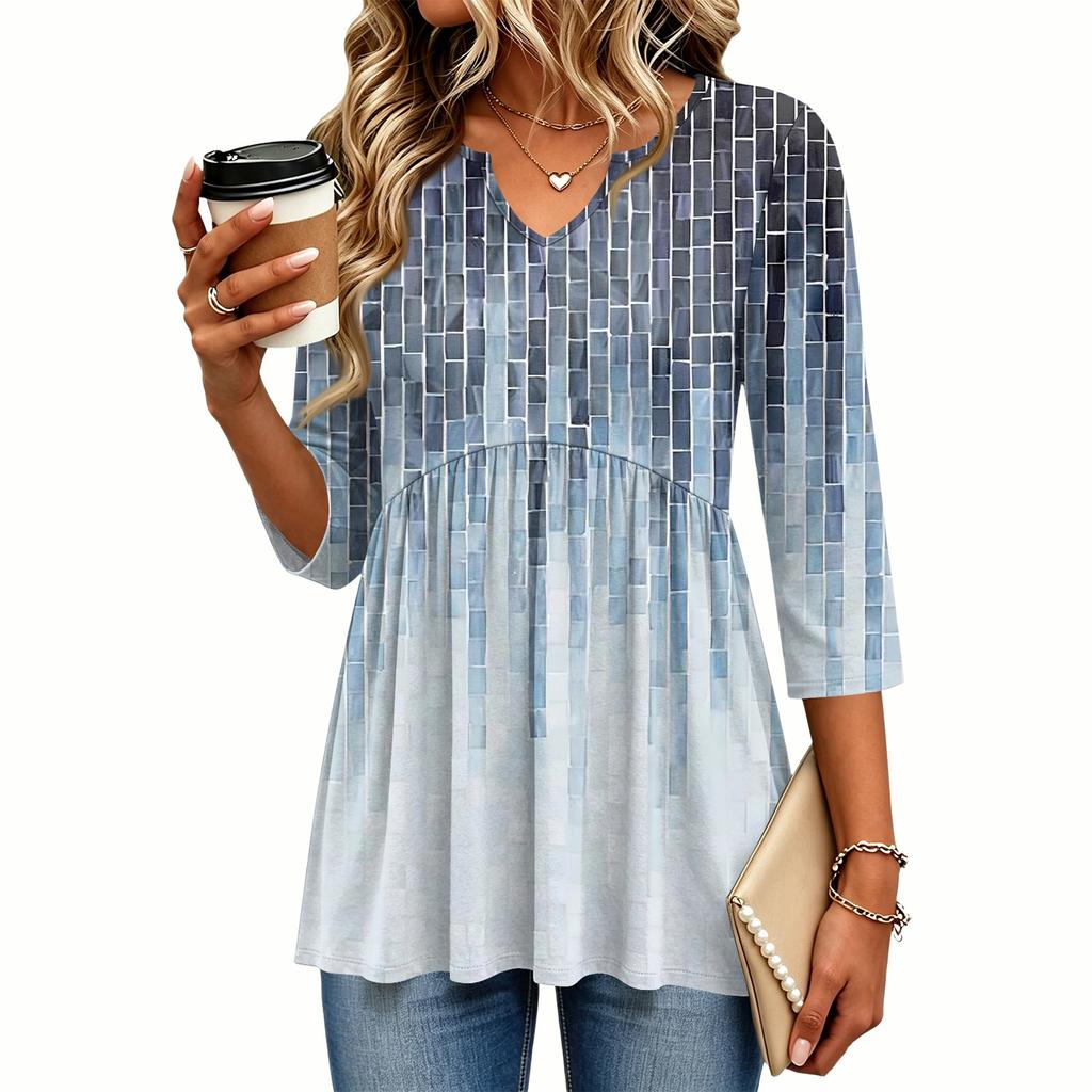 Women's Casual Plaid Print V-Neck Three-Quarter Sleeve Blouse for Everyday Wear