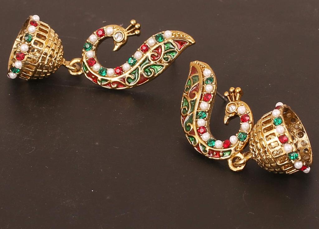Touchstone Indian Bollywood Peacock Jewelry Earrings Antique Gold Tone for Women Enamel/Red/Green/White