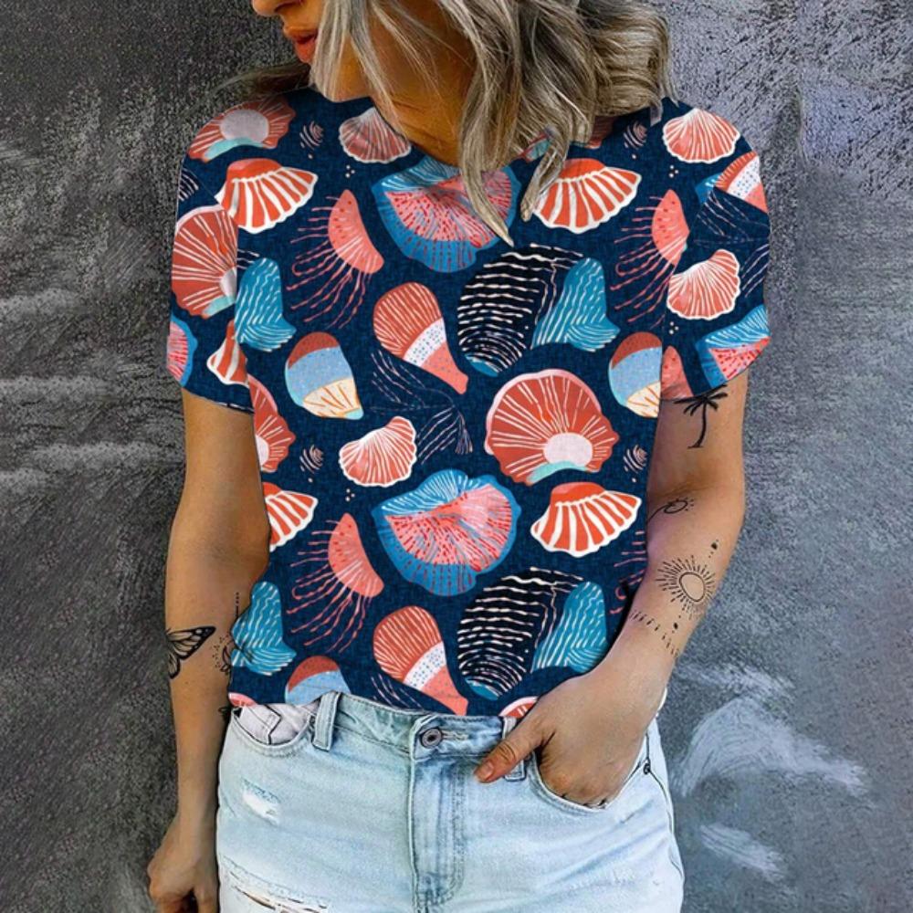 Women's T-Shirts Seahorse Fish Scallop 3D Print O-Neck Short Sleeve T Shirt Harajuku Tops Oversized Y2k Tees Female Clothing
