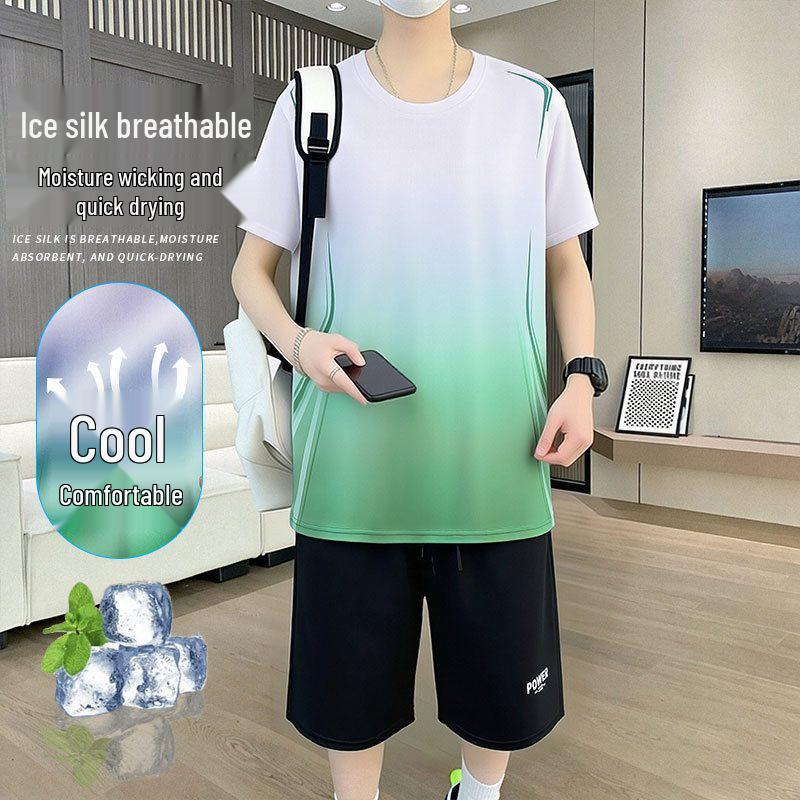 

8807 Men s Quick-Dry Ice Silk Short Sleeve Sports Set for Summer Running & Ball Training 4XL зелений