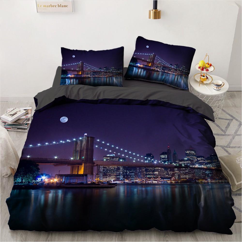 Urban Night View Duvet Cover Set Brightly Lit Night Scene Bedding Set For Teens Adults Queen Size Soft Microfiber Quilt Cover