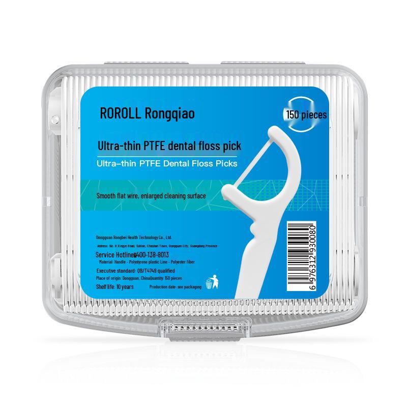 Rongqiao PTFE Flat Floss Picks, Super Thin 0.1mm, Portable Box with 150 Pieces, Family Pack.