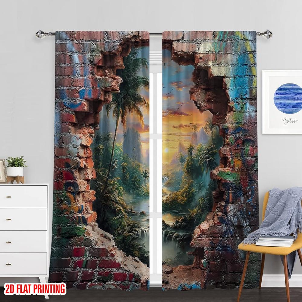 Set aus 2 flachen Druck-Partyvorhängen Tropischer Sonnenuntergang durch zerbrochene Ziegelmauer Digital bedruckte Polyester-Vorhänge Familiengefertigt