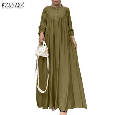 Women Casual Long Sleeve O-neck Solid Color Loose Maxi Dress