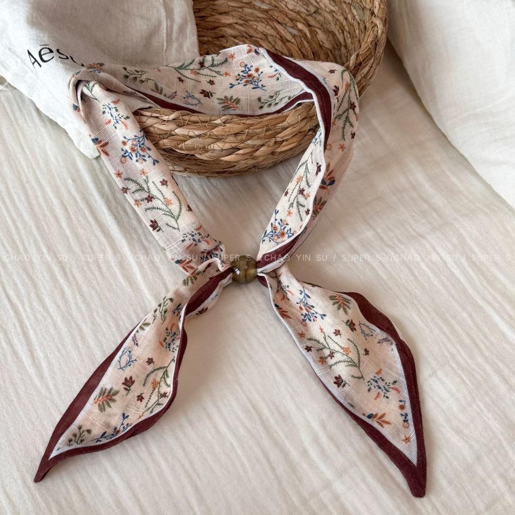 Cashew Nut Flower Silk Scarf Necklace for Women - Vintage Long-style Silk Headscarf with A Bow - Necktie - High-end Style