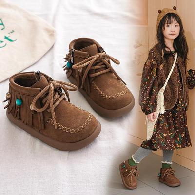 Retro Tassel Beaded Girls' Winter Cotton Shoes with Velvet, Trendy 2025 Design.